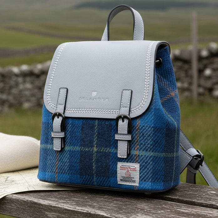 Harris Tweed Mini Backpack in Blue Tartan