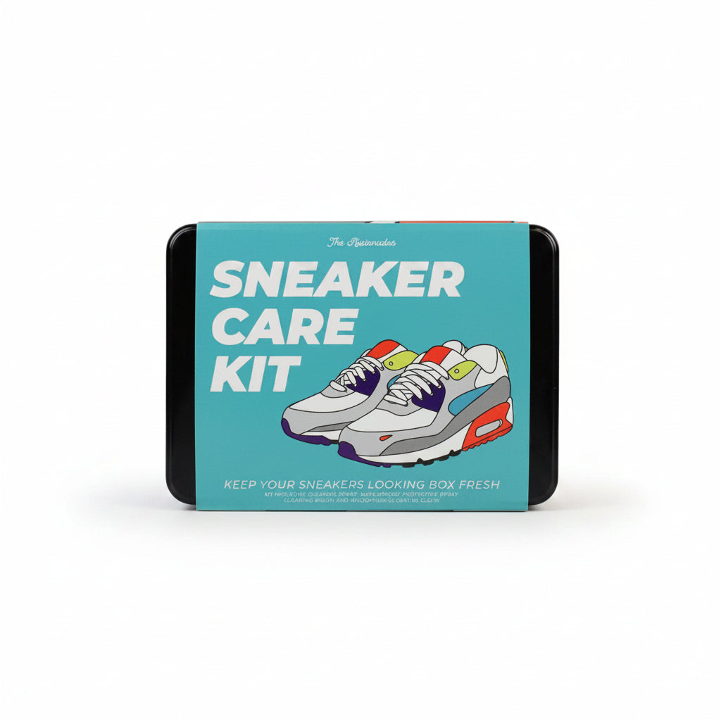 Sneaker Care Kit tin lid in teal with a trainer illustration
