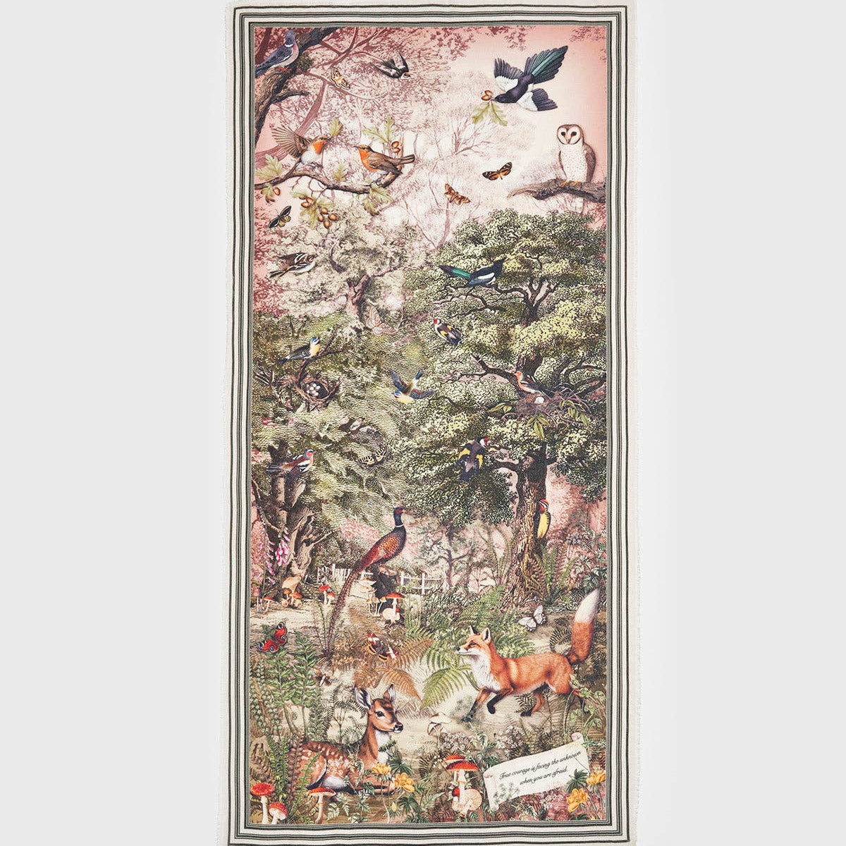 Woodland Tales scarf laid flat showing foxes, owls and trees