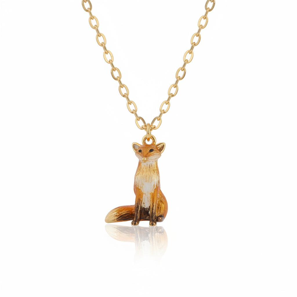 Fable England enamel fox necklace on gold chain, styled on driftwood