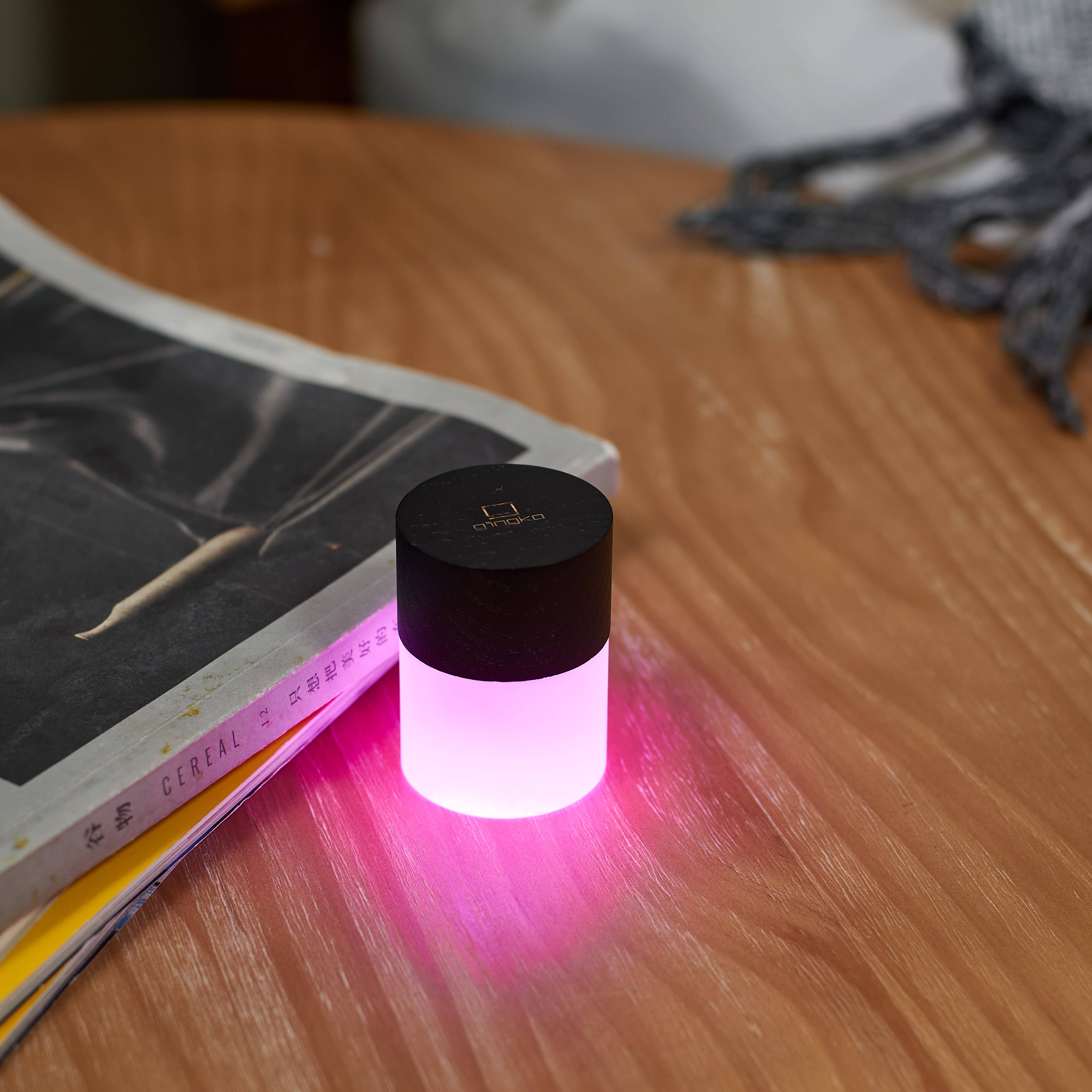 Lemelia lights on a wooden table, one pink and one warm white