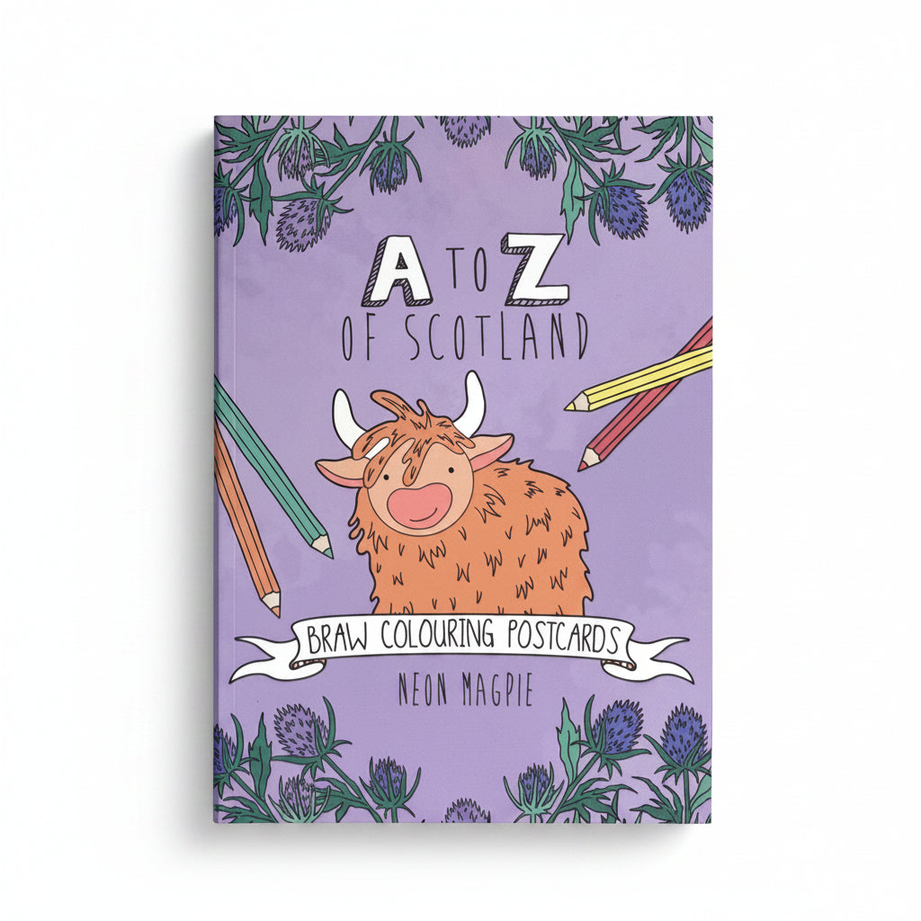 A to Z of Scotland colouring postcard box with a Highland cow design