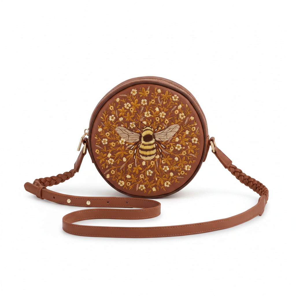 Bumble Bee tan circle purse with embroidered bee and plaited strap