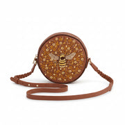 Bumble Bee tan circle purse with embroidered bee and plaited strap