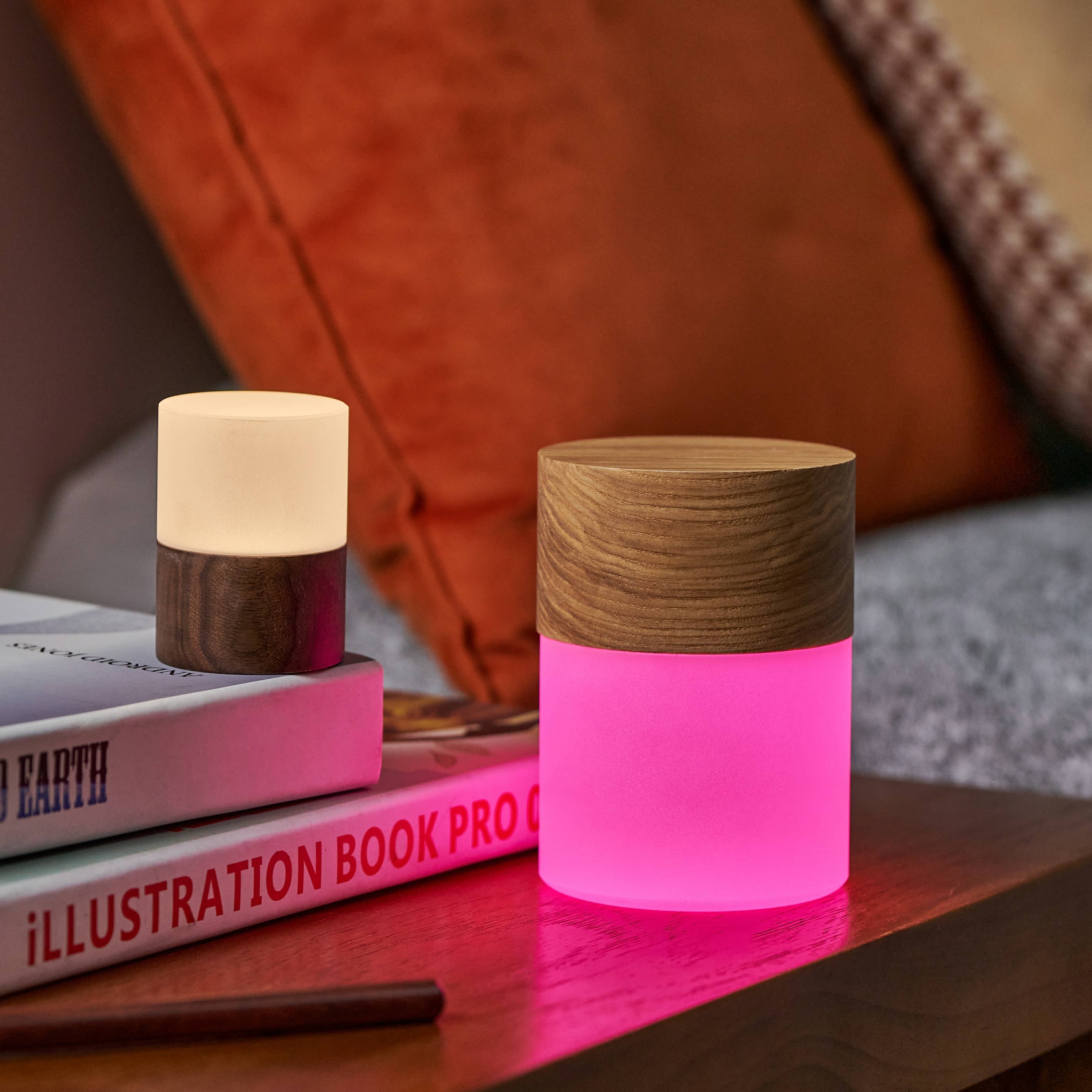 Lemelia lights in two sizes on books beside a burnt orange cushion