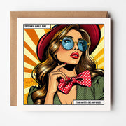 Square pop art card of a brunette in a red hat and blue sunglasses