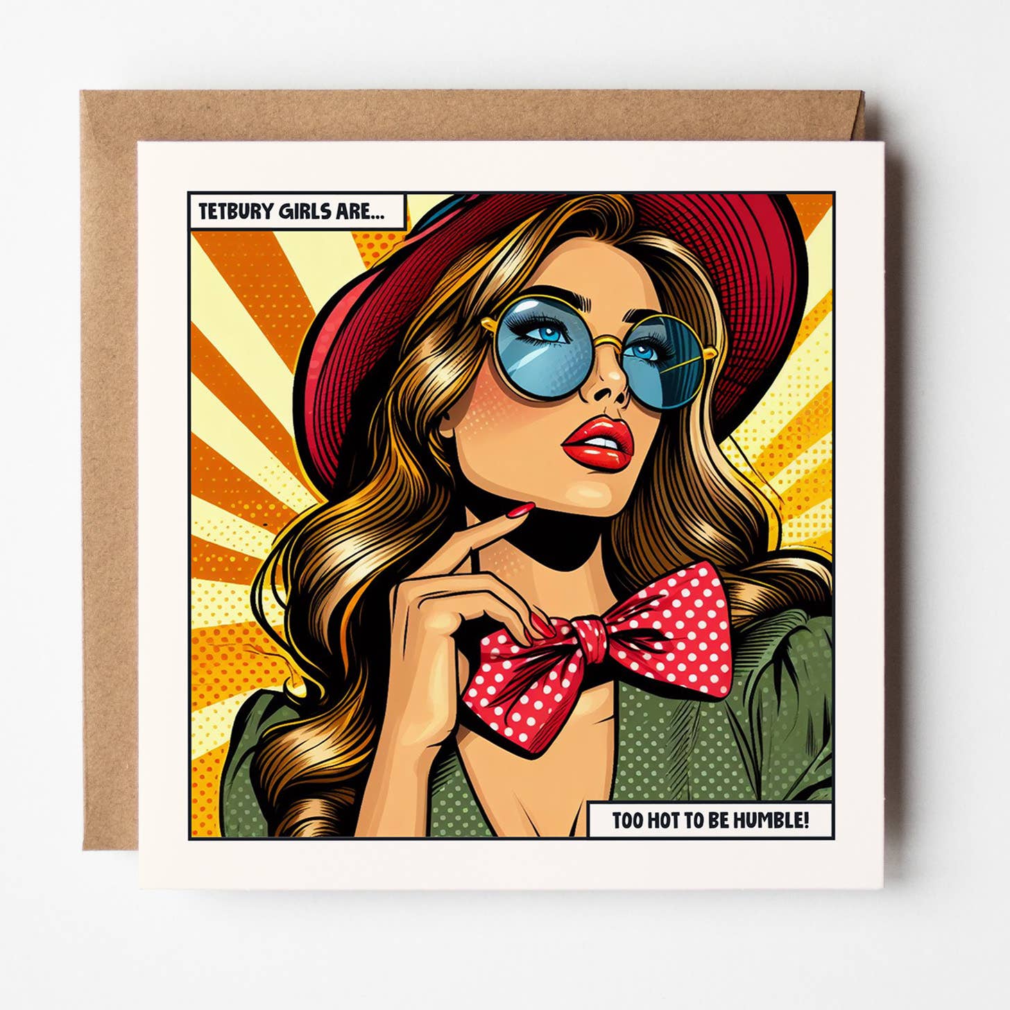 Square pop art card of a brunette in a red hat and blue sunglasses