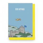 Bon Voyage card with a biplane flying over a Scottish castle
