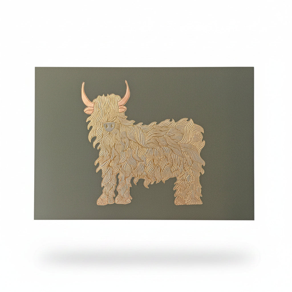 Gold foil Highland cow on a sage green greeting card held in a hand