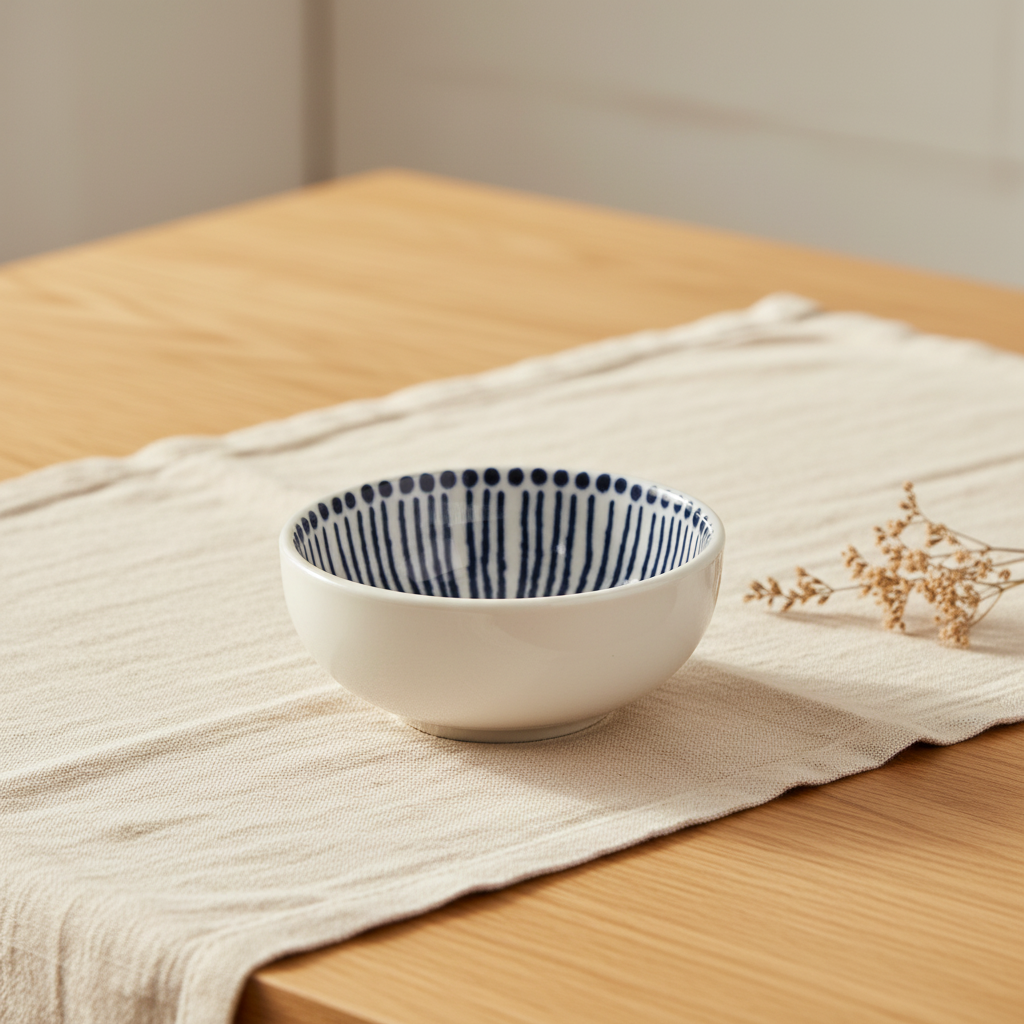 White round ceramic dipping bowl with blue painted line pattern inside, spare copy for lifestyle.