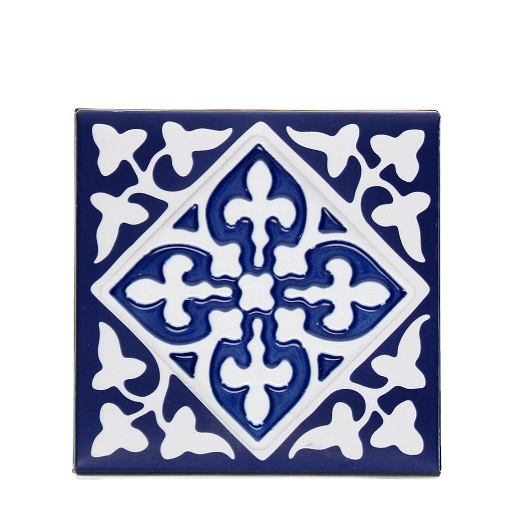 Single navy blue embossed tile coaster with ornate white pattern.