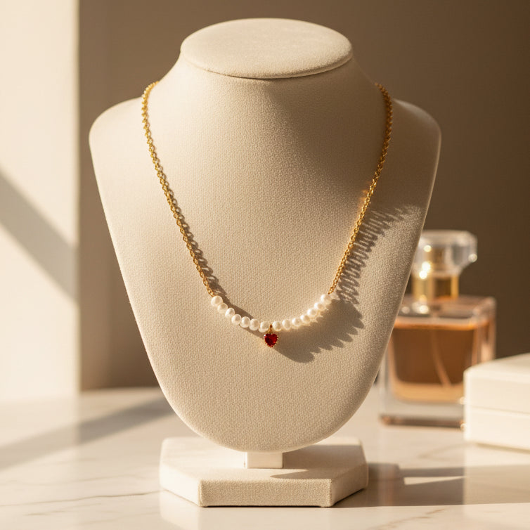 Fable England gold pearl necklace with red enamel heart on a cream jewellery bust