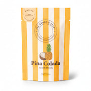 Pina Colada gummies 50g pouch front, yellow stripes with pineapple design