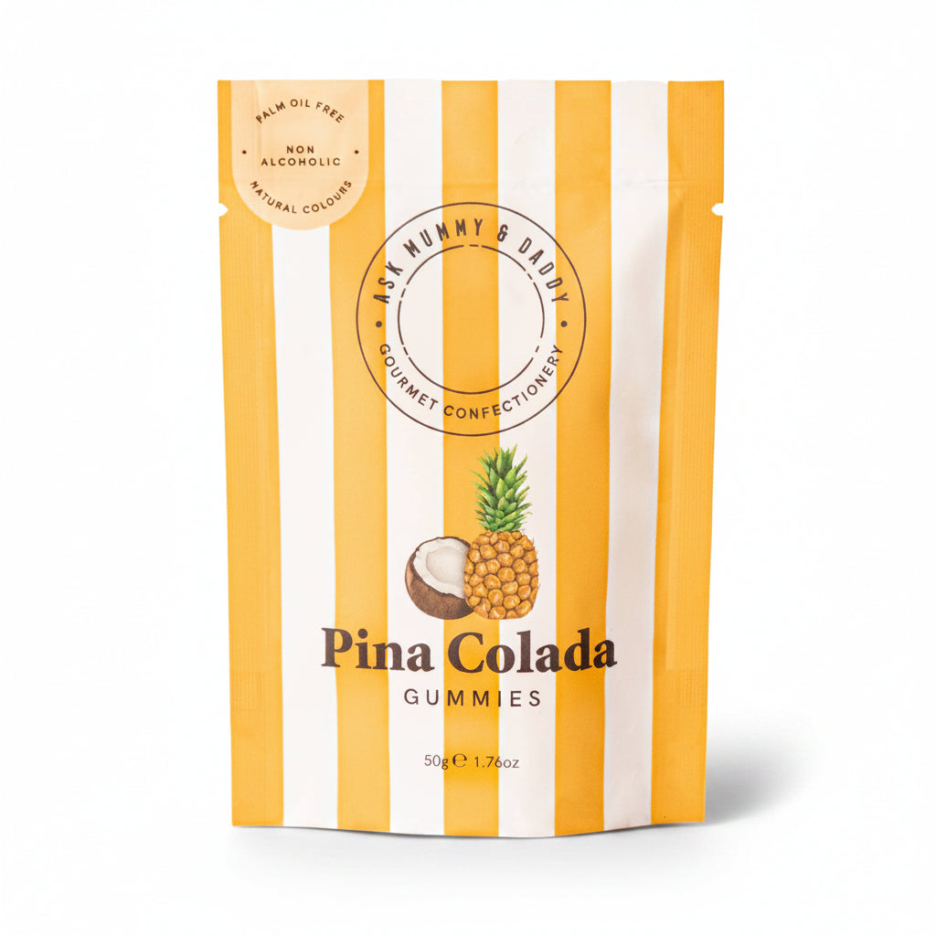 Pina Colada gummies 50g pouch front, yellow stripes with pineapple design
