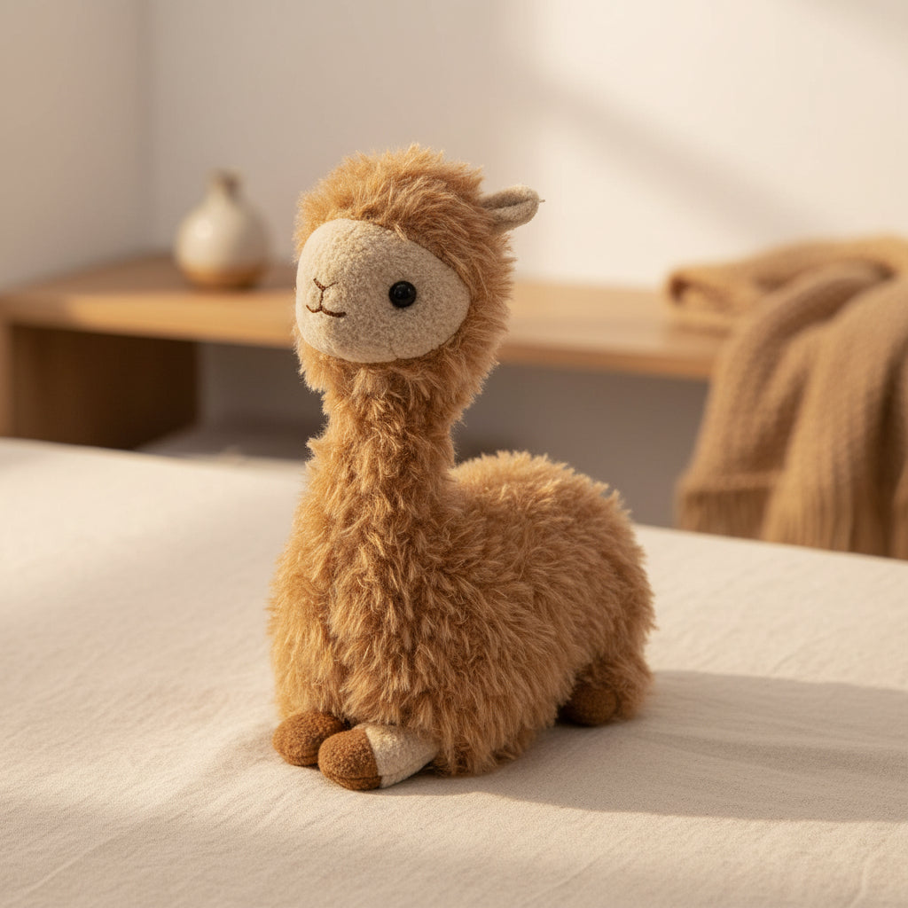 Jomanda alpaca soft toy sitting, angled side view on white background
