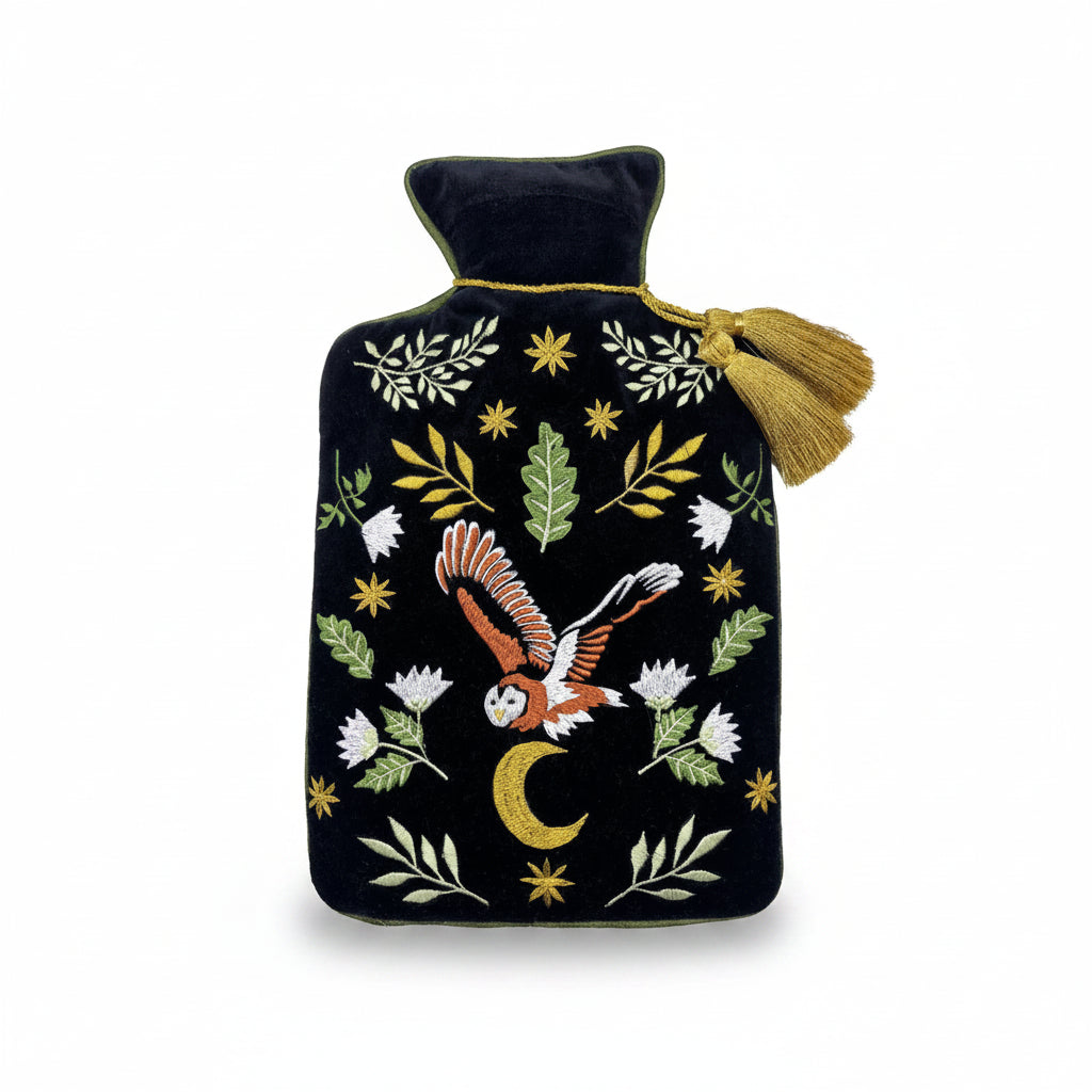 Full view of Secret Garden Owl Hot Water Bottle with owl, moon, and foliage embroidery.