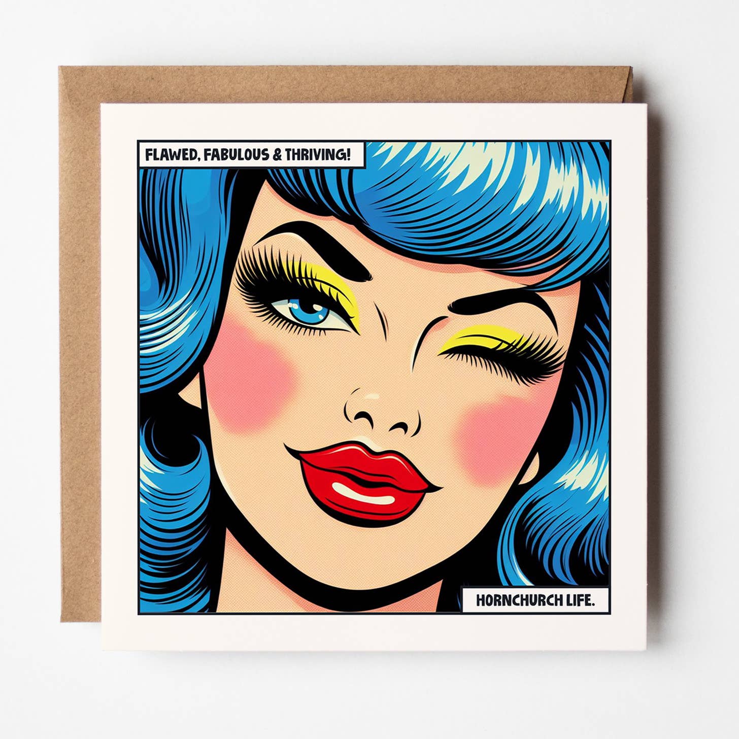 Square pop art card of a winking woman with blue hair and red lips