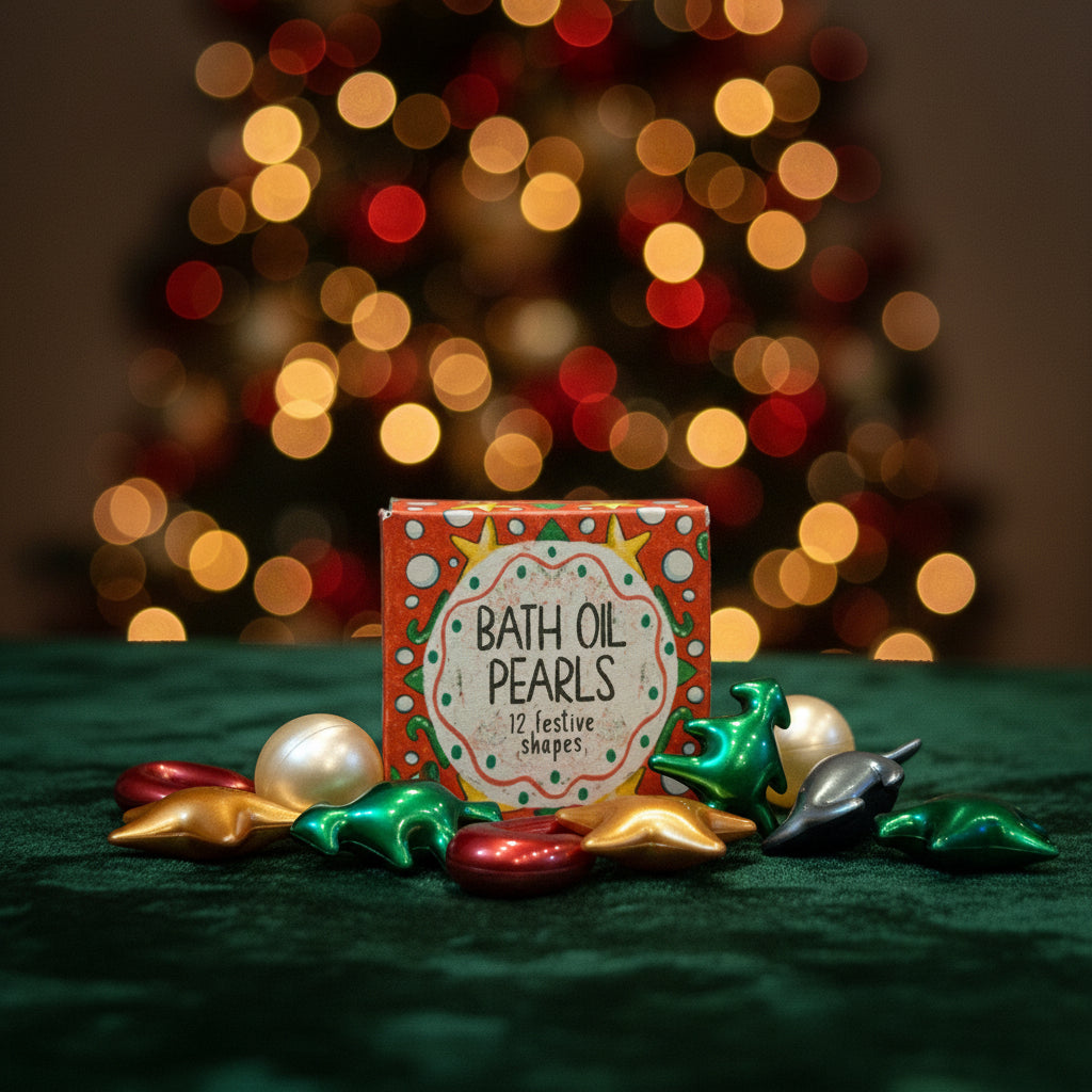 A set of metallic bath oil pearls in festive colors arranged in front of their patterned orange and green packaging box, on a clean white background.