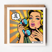 Square pop art card of a blonde woman on a retro telephone