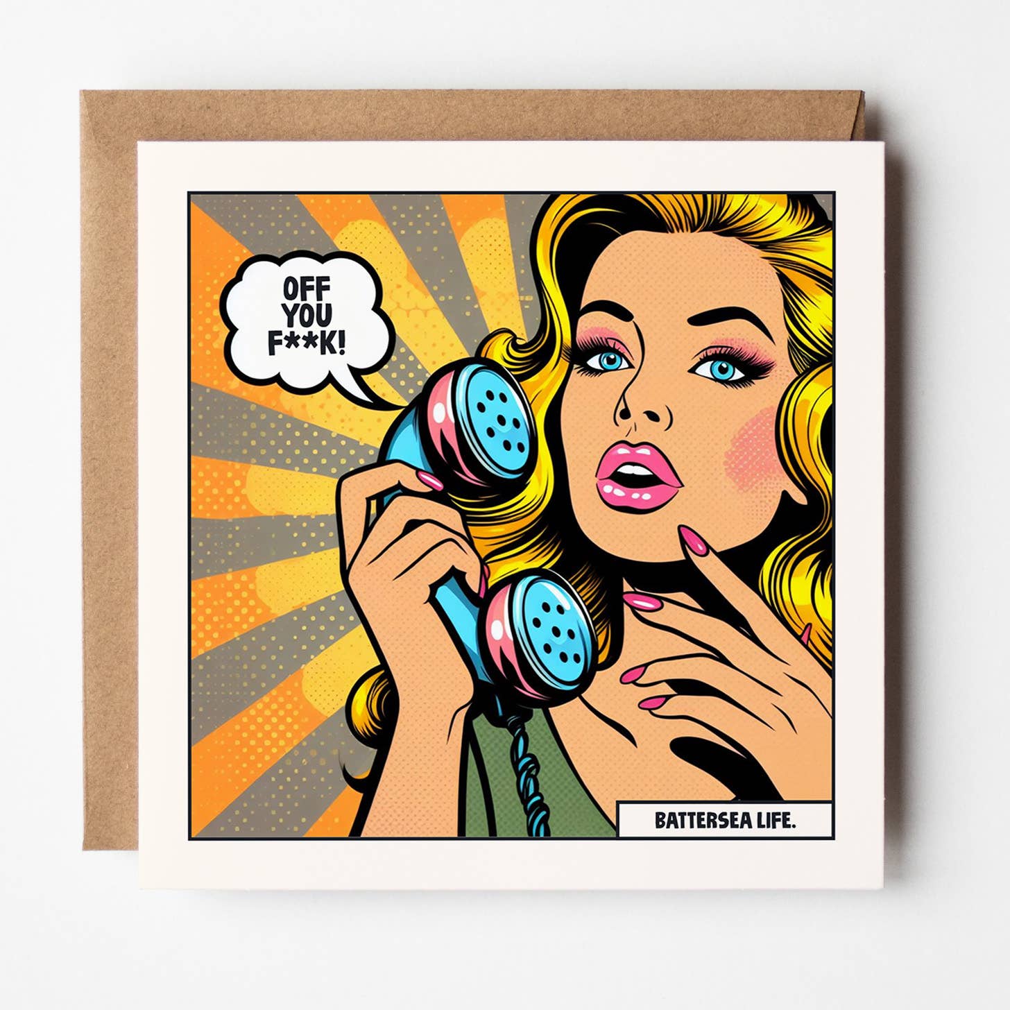 Square pop art card of a blonde woman on a retro telephone