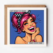 Pop art birthday card with a laughing pink-haired woman on navy blue