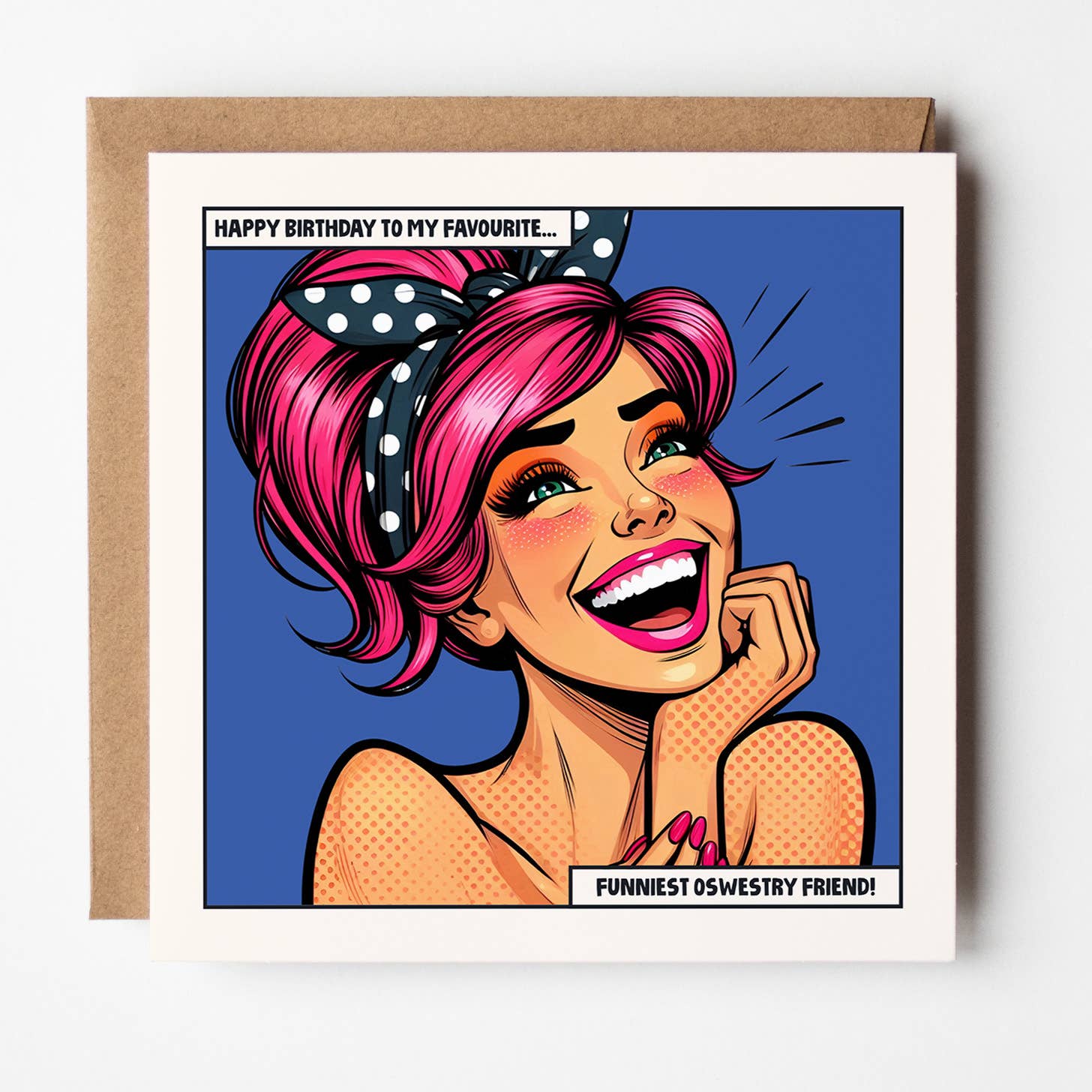 Pop art birthday card with a laughing pink-haired woman on navy blue