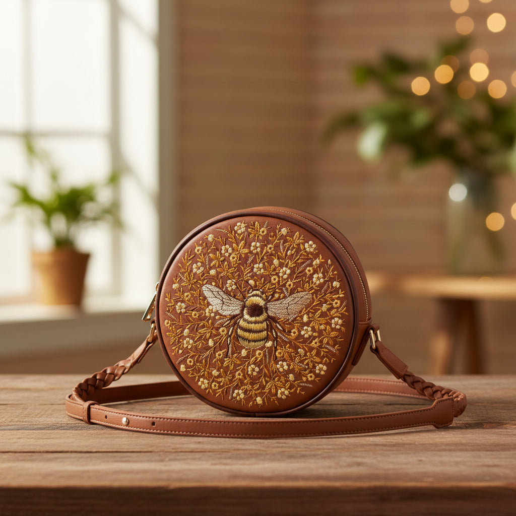 Bumble Bee circle purse at an angle showing the gusset and zip