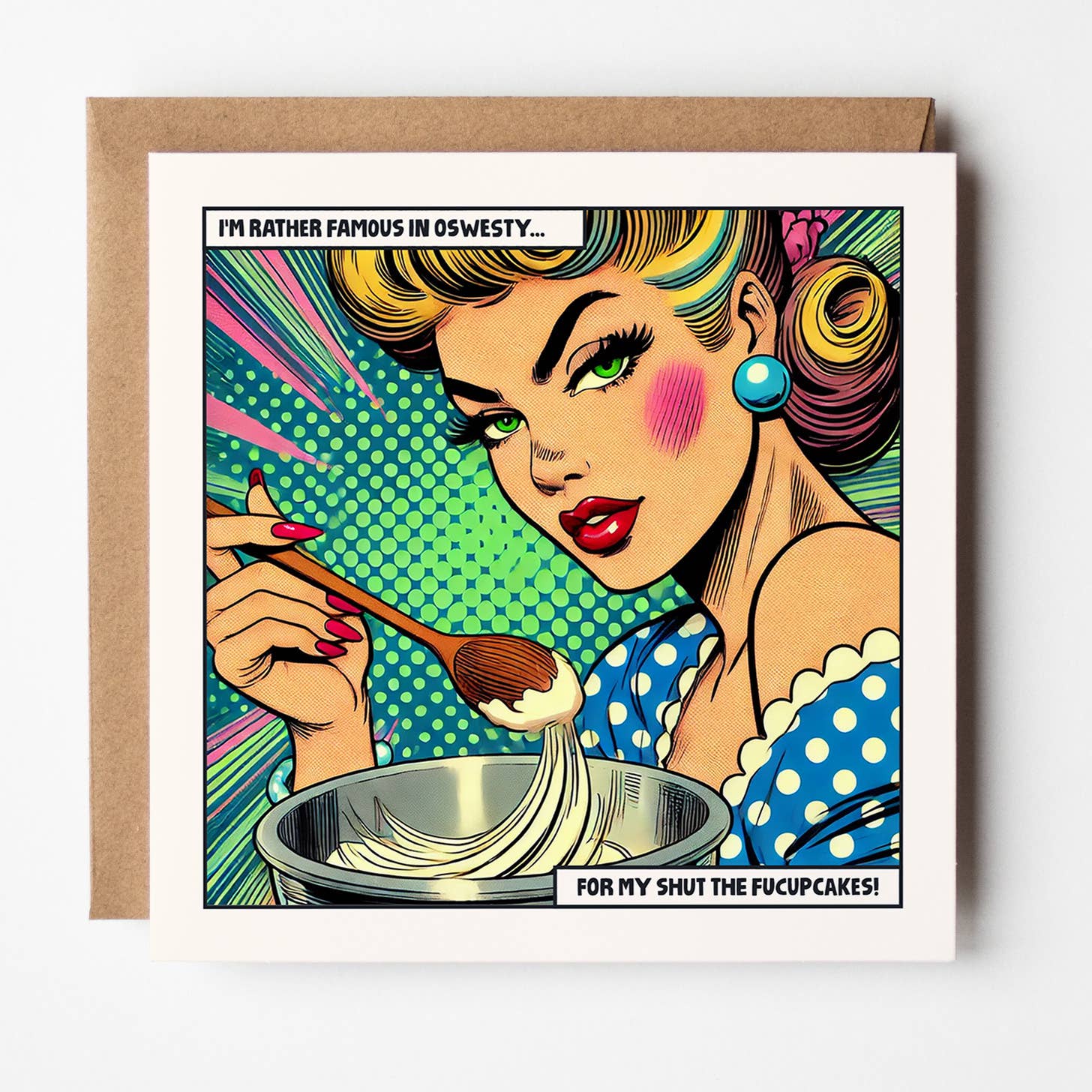 Square pop art card of a woman with a mixing bowl and wooden spoon
