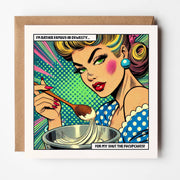 Square pop art card of a woman with a mixing bowl and wooden spoon