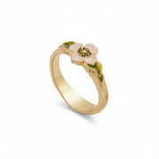 Poppy Anemone gold ring with white enamel flower and green leaves