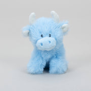 Baby blue mini highland cow plush front view on grey