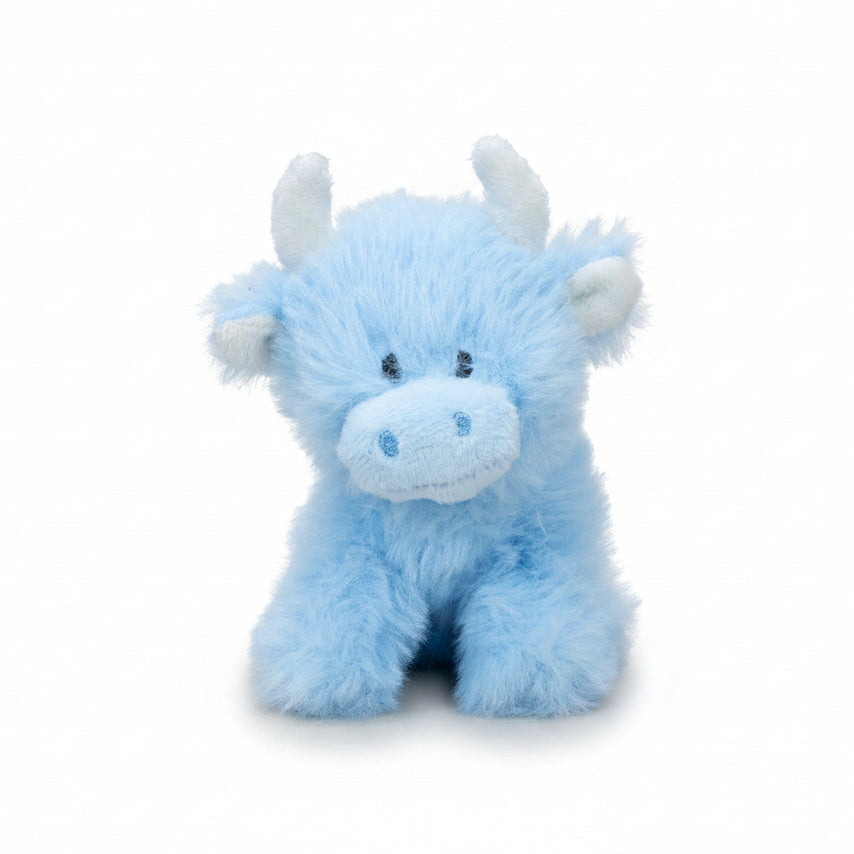 Baby blue mini highland cow plush front view on grey