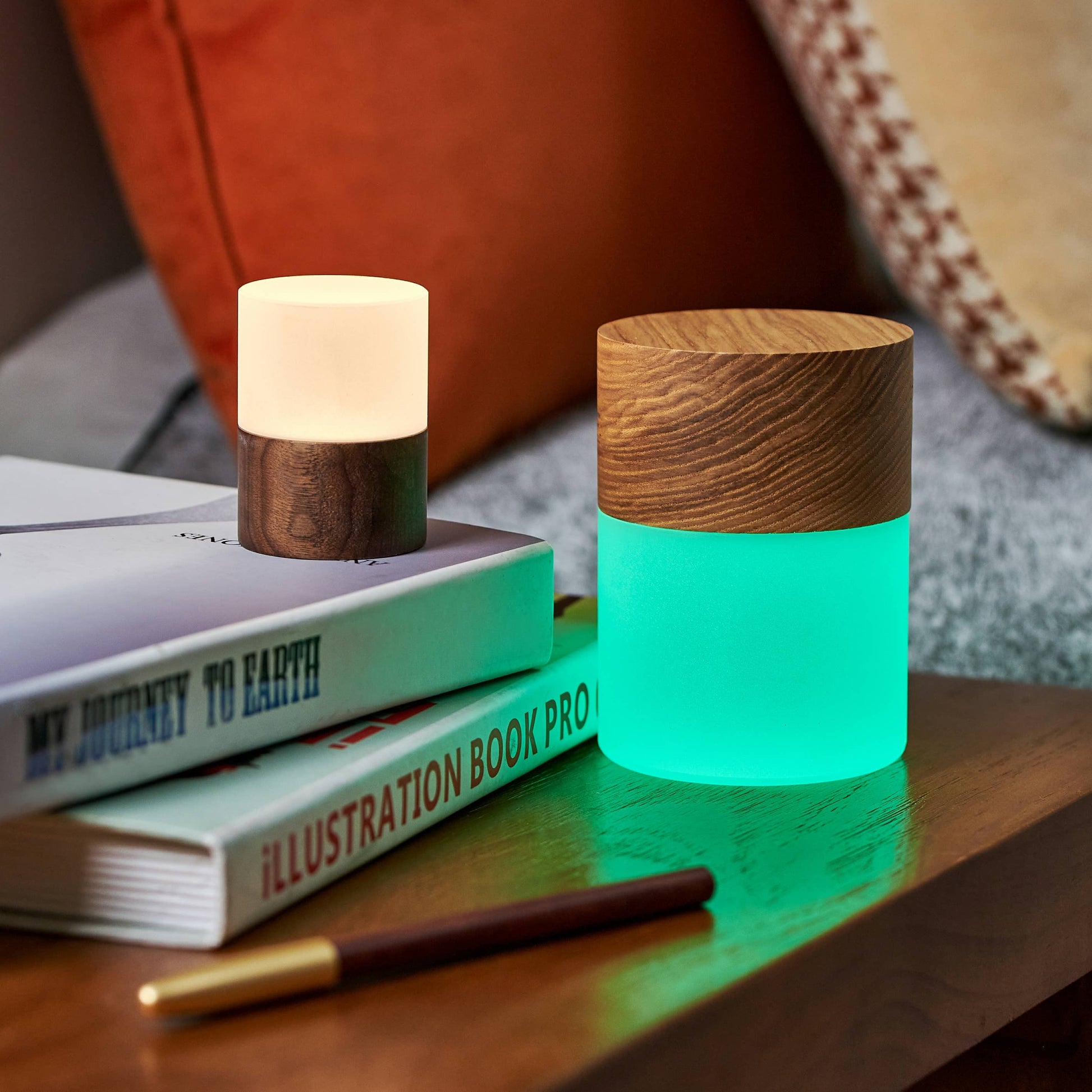 Two Lemelia lights beside books, one warm white and one green