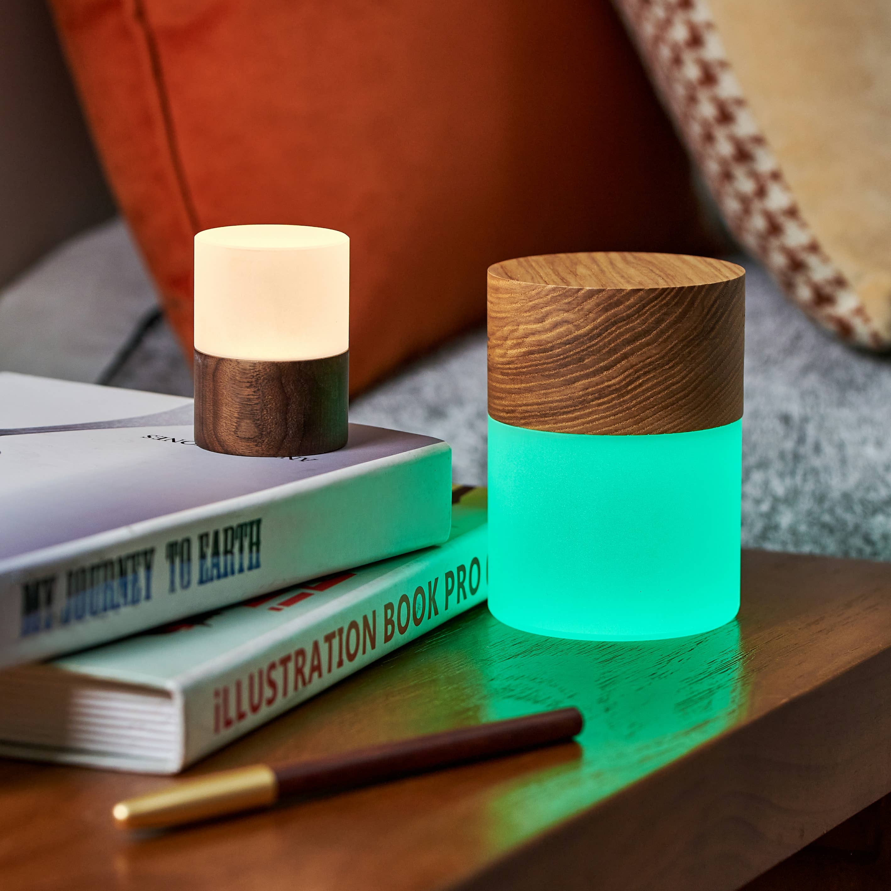 Two Lemelia lights beside books, one warm white and one green