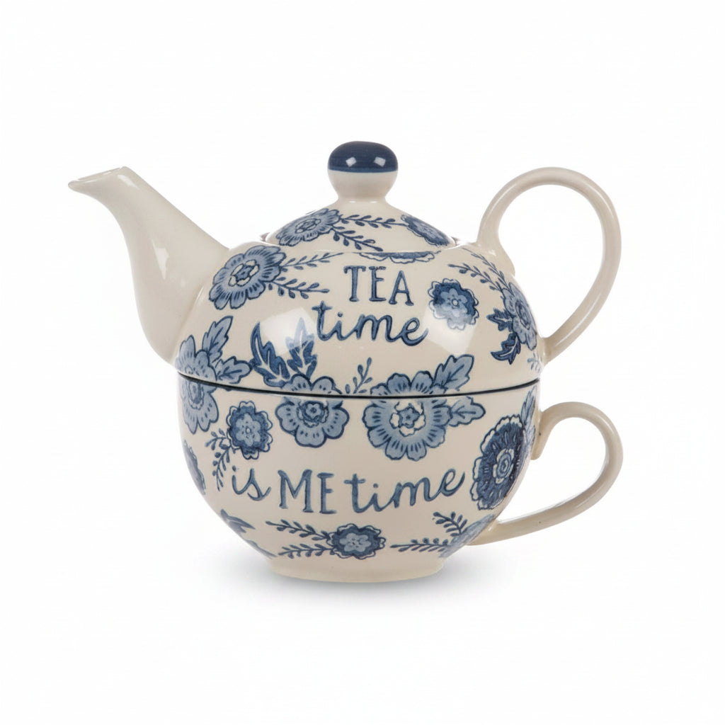 Blue Willow tea-for-one set showing stacking teapot on cup design with TEA time is ME time text and blue floral pattern on white background