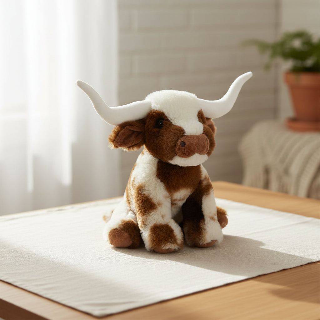 A brown and white plush toy longhorn steer with large curved horns, sitting against a plain white background.