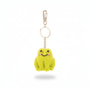 Handcrafted frog keyring showing soft felt body and detailed stitching