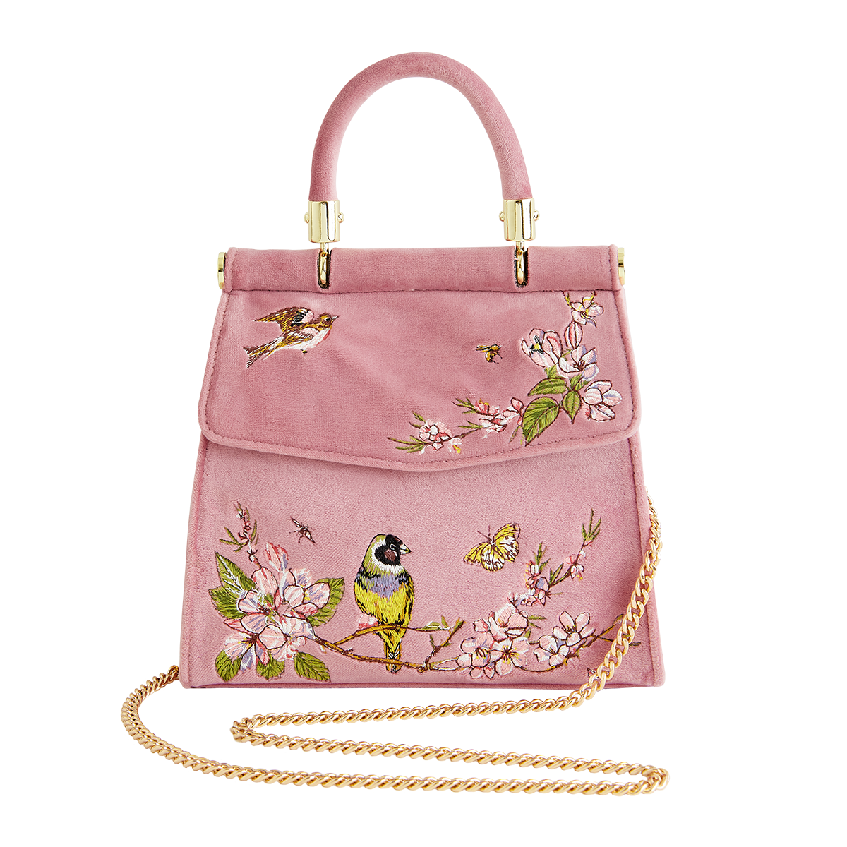 Pink velvet bird embroidered mini tote with gold chain front view