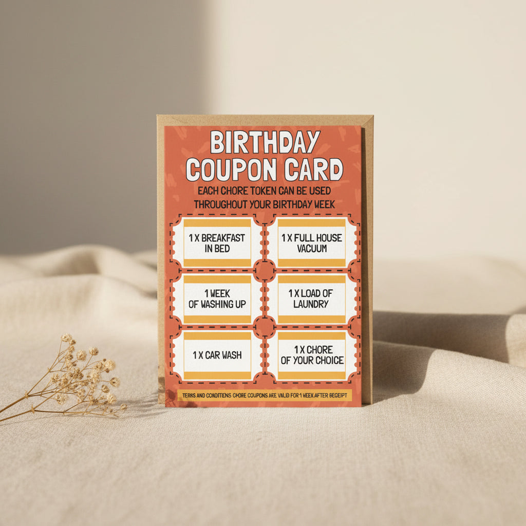 Birthday coupon card with chore tokens on a white background