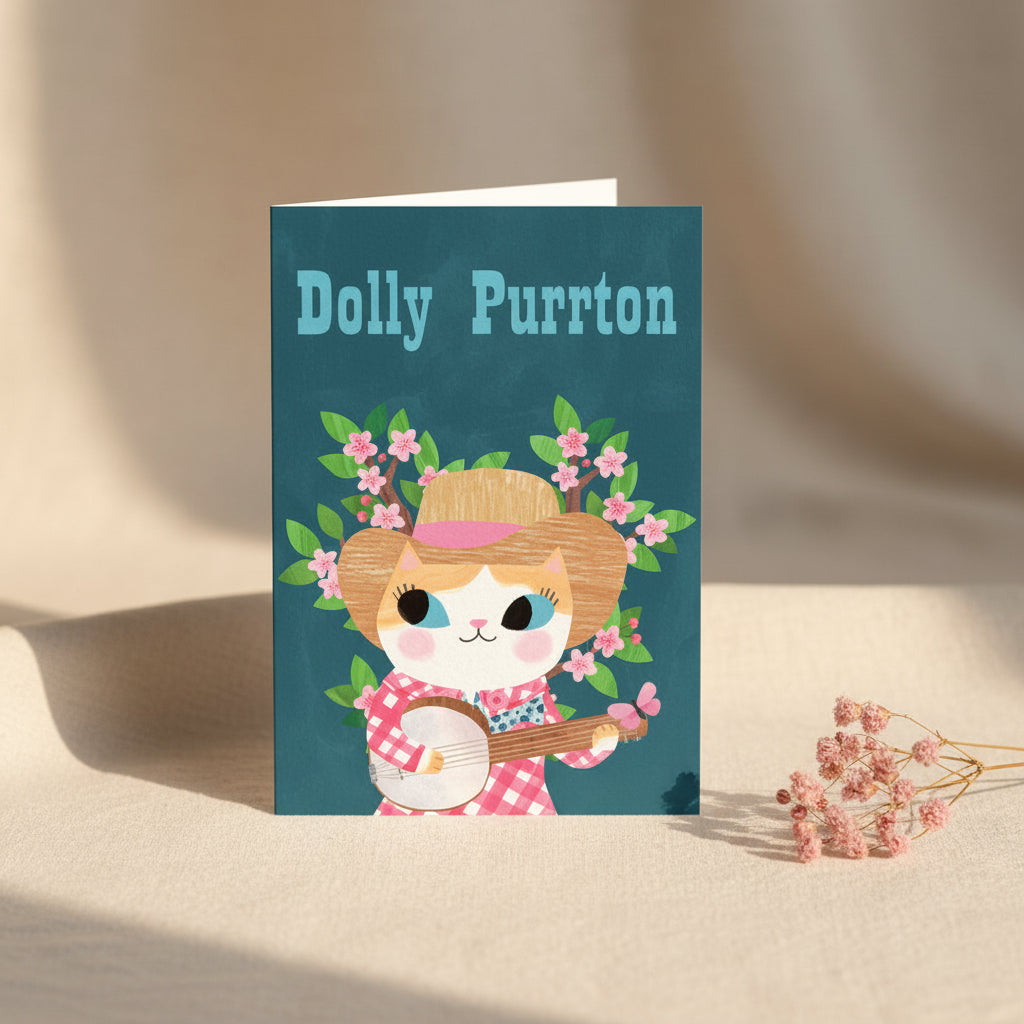Greeting card with a cat character named Dolly Purrton playing a banjo on a blue background.
