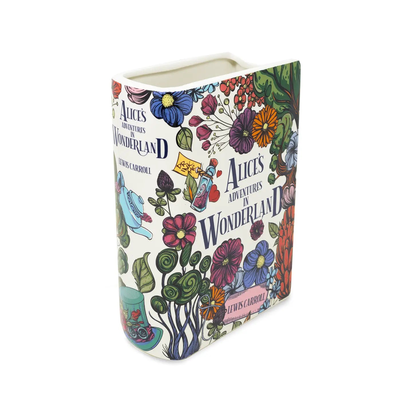 Angled view of Alice in Wonderland vase showing sculpted spine and wide top opening.