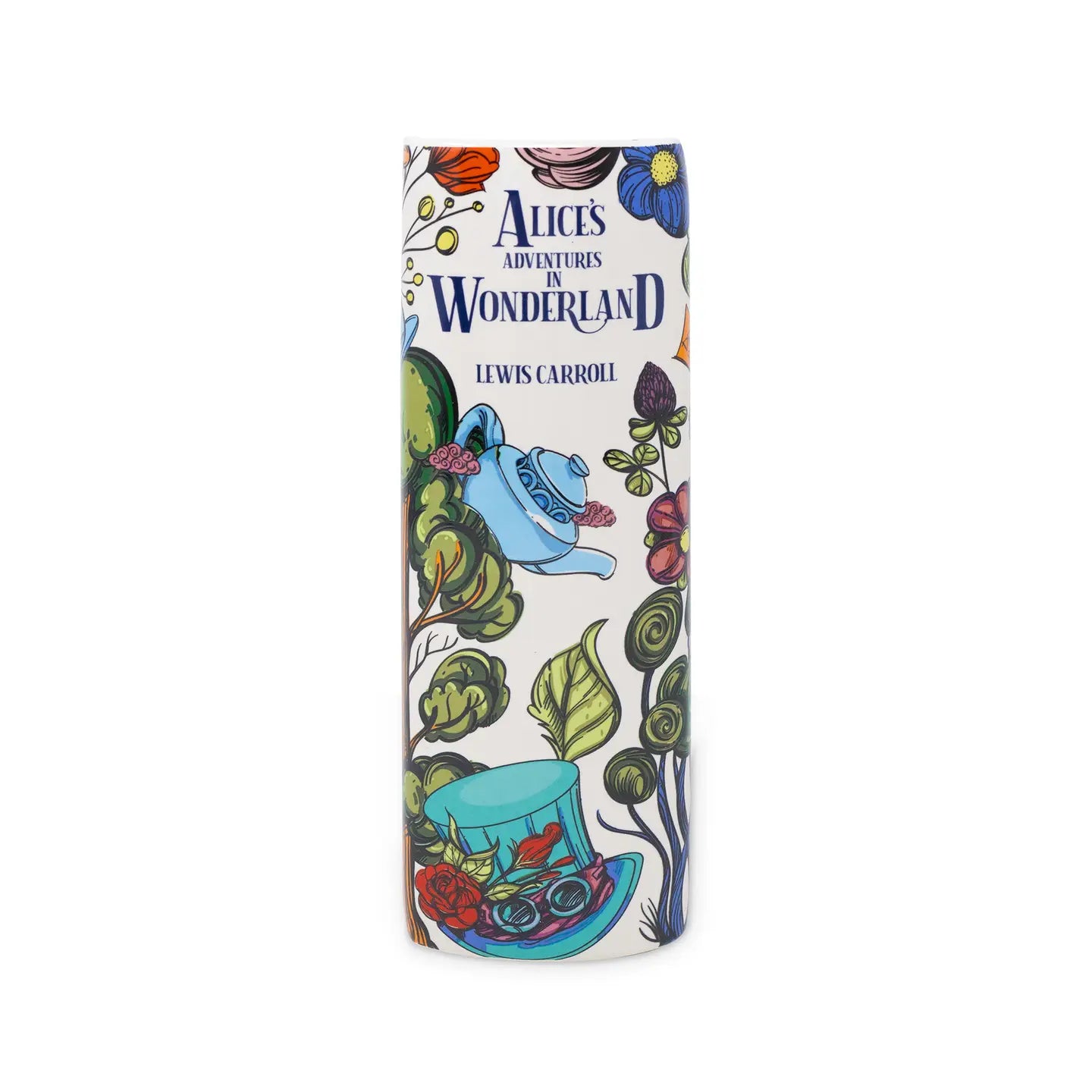 Side view of Alice in Wonderland book vase with teapot and Mad Hatter’s hat artwork.