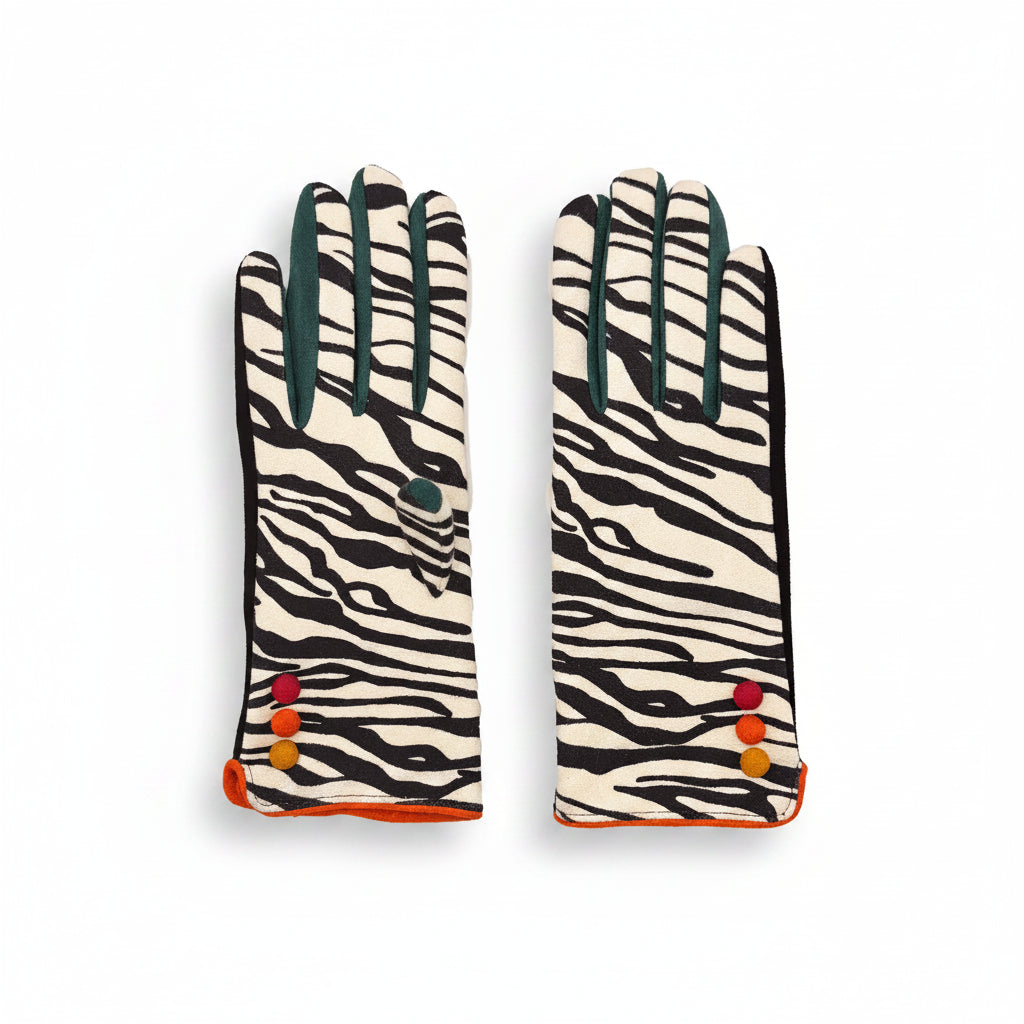 Pair of zebra print gloves with colourful button detail at wrist.
