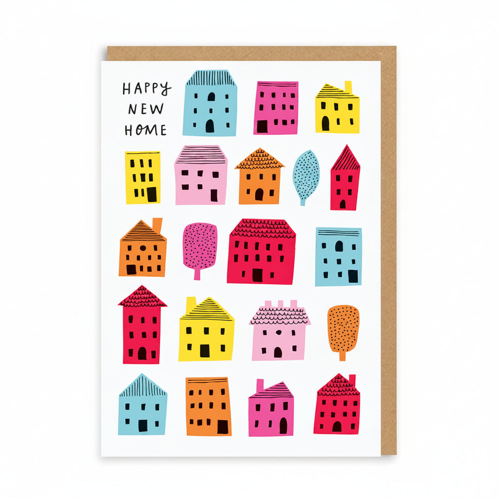 White new home card covered with brightly coloured illustrated houses
