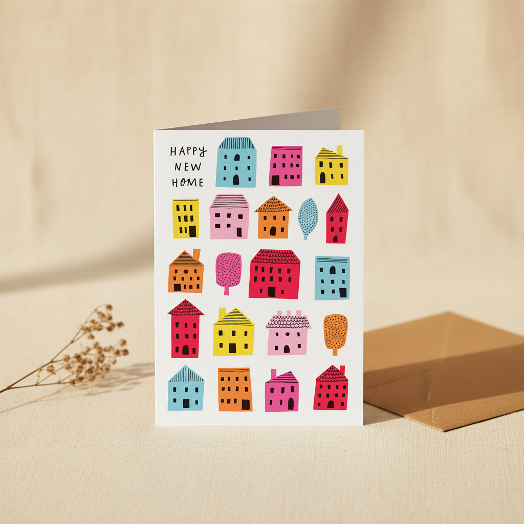 Greeting card with colorful houses and trees on a white background
