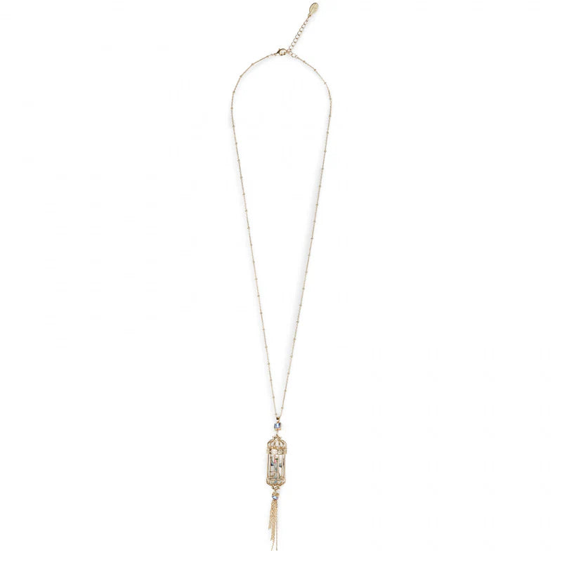Bird Cage Drop Pendant featuring hand-enamelled bird in gold-plated cage.