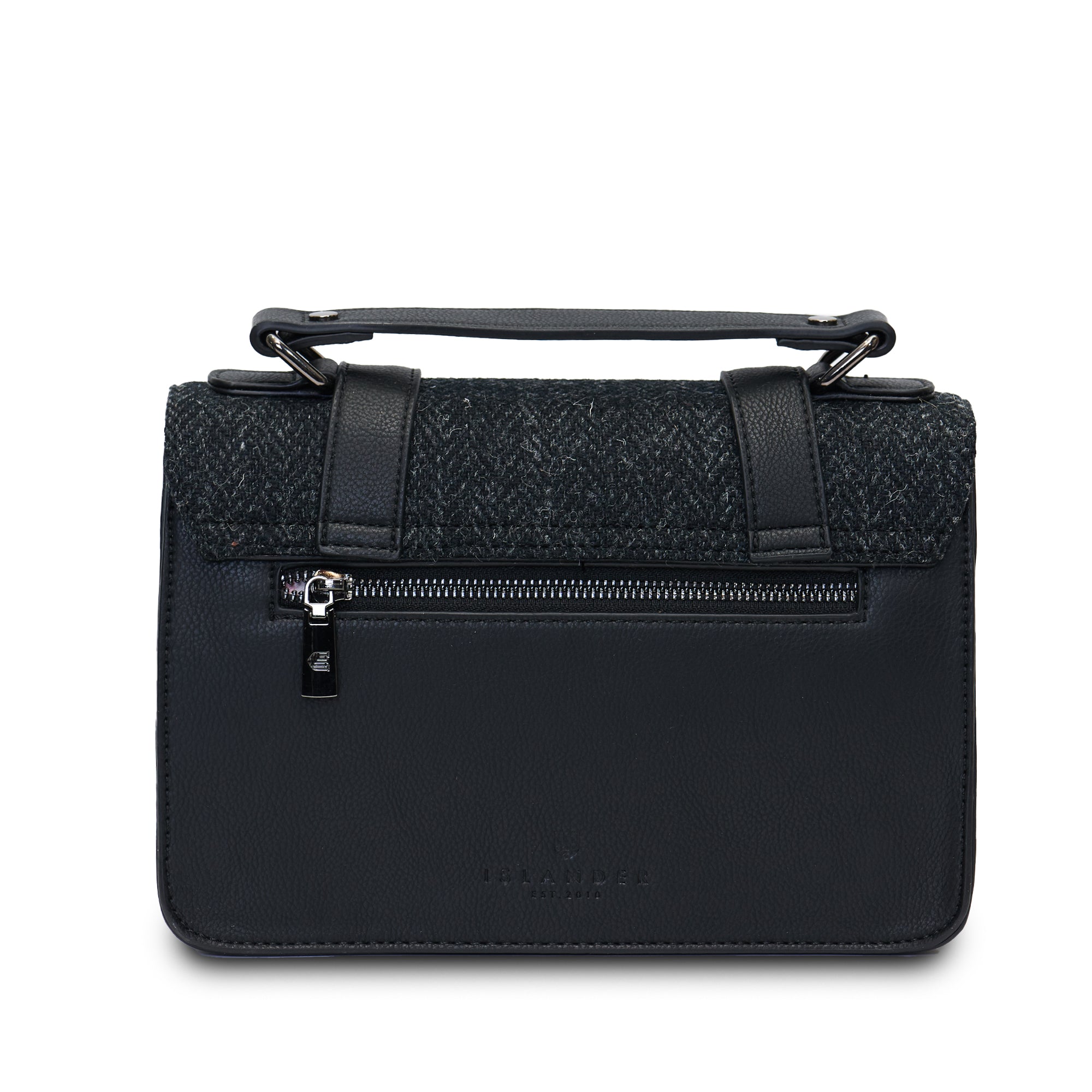 Back view of the Black Herringbone Medium Satchel with Harris Tweed®, showing smooth black microfibre leather and rear zip pocket.