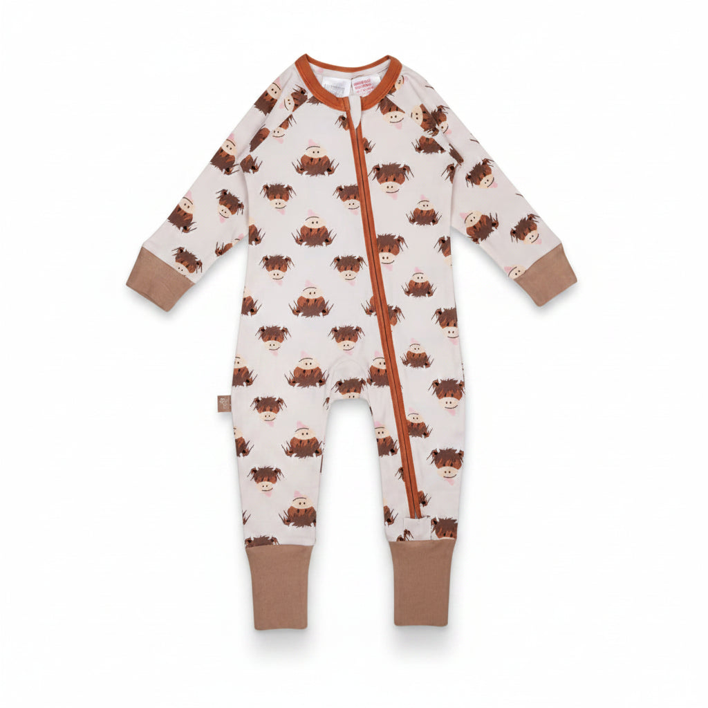 Neutral Hamish Highland Cow Zip Up Romper