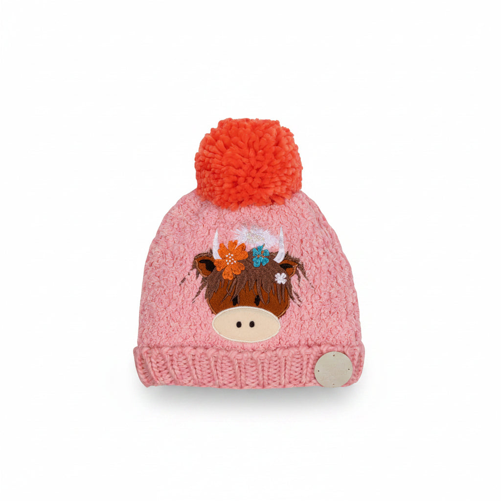 Bonnie Highland Cow Winter Hat – pink knit hat with embroidered Highland cow face and orange pom pom.