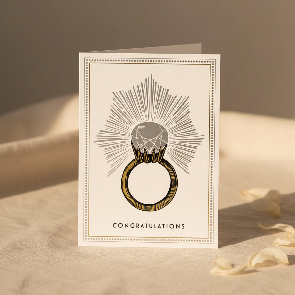 Greeting card with a diamond ring illustration and 'Congratulations' text on a white background.